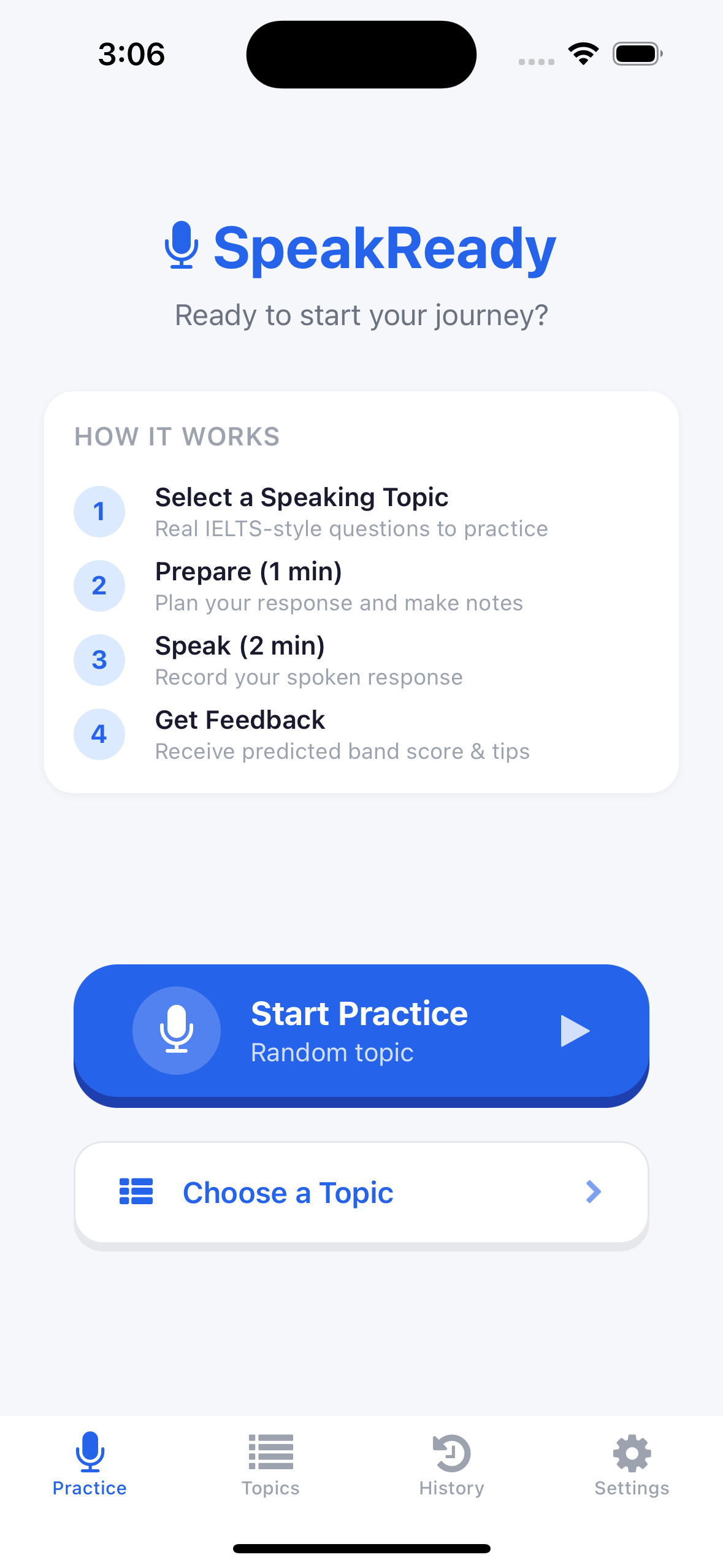 SpeakReady app home screen showing practice flow, personal best band score, and start practice button